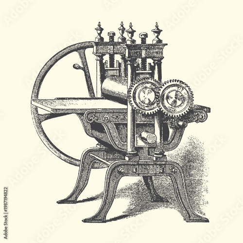 Schilderij op canvas Vintage printing press machine with large wheel and gears detailed etching illus