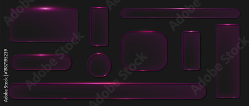 Glass liquid boxes frames purple, Glass interface buttons, Geometric transparent plastic frames for ui ux web design