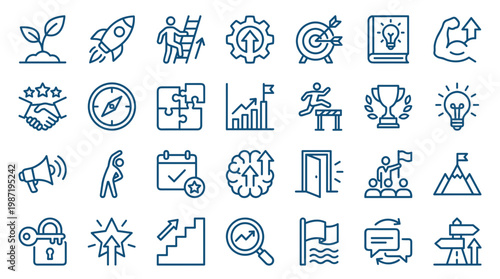Collection of business and success icons representing growth strategy, teamwork, achievement, and goal setting in a modern flat design style