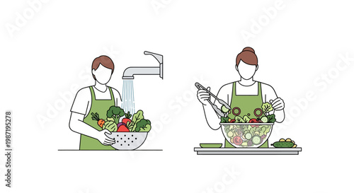 People preparing fresh vegetables for cooking.