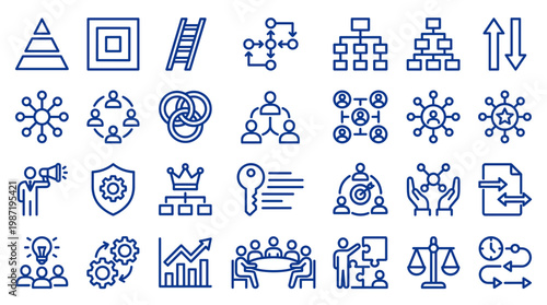 Collection of business strategy icons representing planning teamwork and success in a professional setting