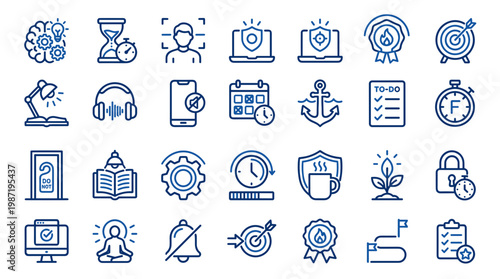 Collection of blue line icons representing business concepts like time management, productivity, planning, and success on a white background