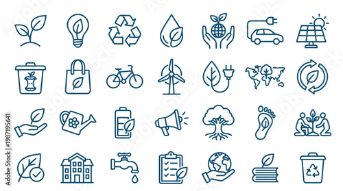 Collection of eco friendly symbols and icons representing sustainability green energy and environmental protection concepts