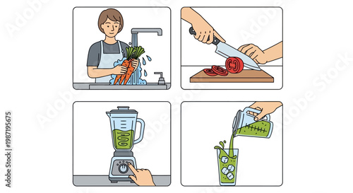 Woman preparing green smoothie with blender.