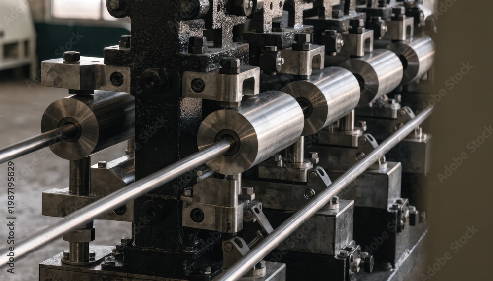 Fototapeta premium Closeup medium shot focusing on a solid bar wire passing through a heavyduty straightening machine prior to length cutting emphasizing consistent calibration for varied metal