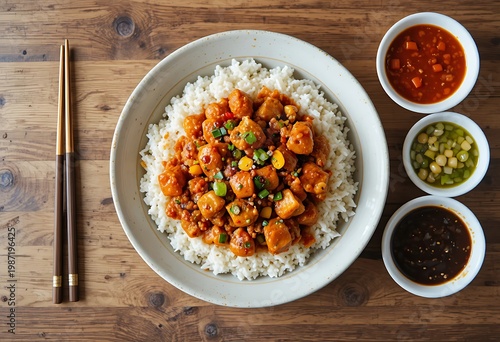 General Tso Chicken with Rice and Dipping Sauces Overhead View. general tso