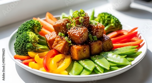 Healthy General Tso Tofu with Fresh Vegetables on White Plate. general tso