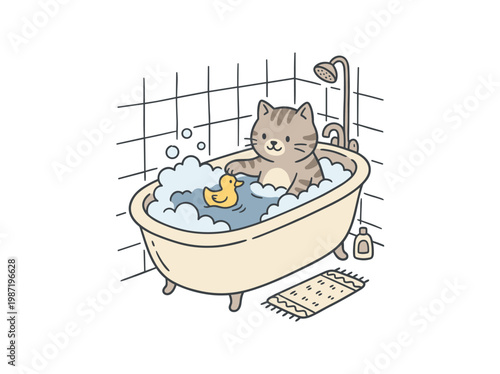 Cute cat in bathtub with foam bubbles and rubber duck: hand-drawn doodle vector illustration