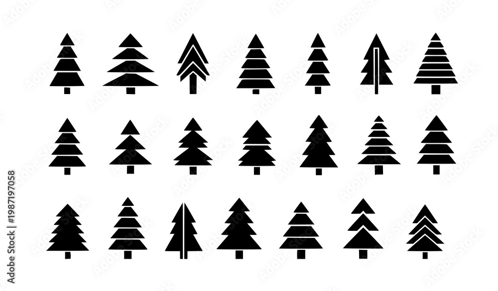 Obraz premium Geometric minimalist pine tree silhouettes vector abstract conifer icon collection