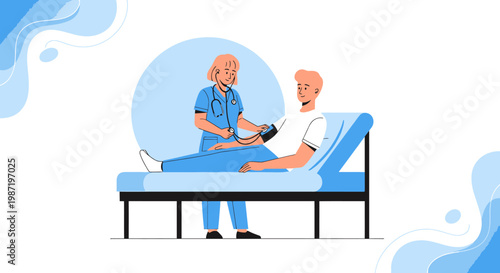 Medical, healthcare, doctor, patient, blood pressure, monitoring, vector illustration, blue, white, modern, medical equipment, healthcare professional