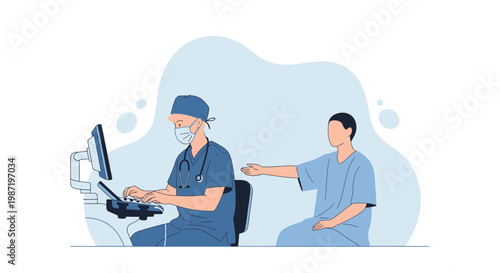 Medical professional, doctor, nurse, patient consultation, healthcare worker, blue uniform, clinic, hospital, vector illustration