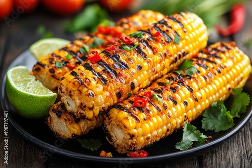 selective focus on street food corn served on rustic plate