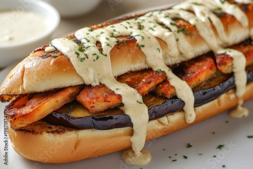 selective focus on fresh sabich served with tahini dressing