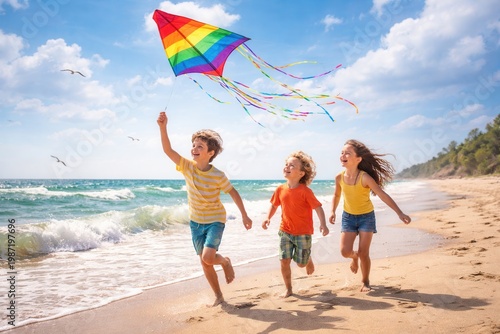 Happy children running on sandy beach flying rainbow kite near sea under bright blue sky summer day