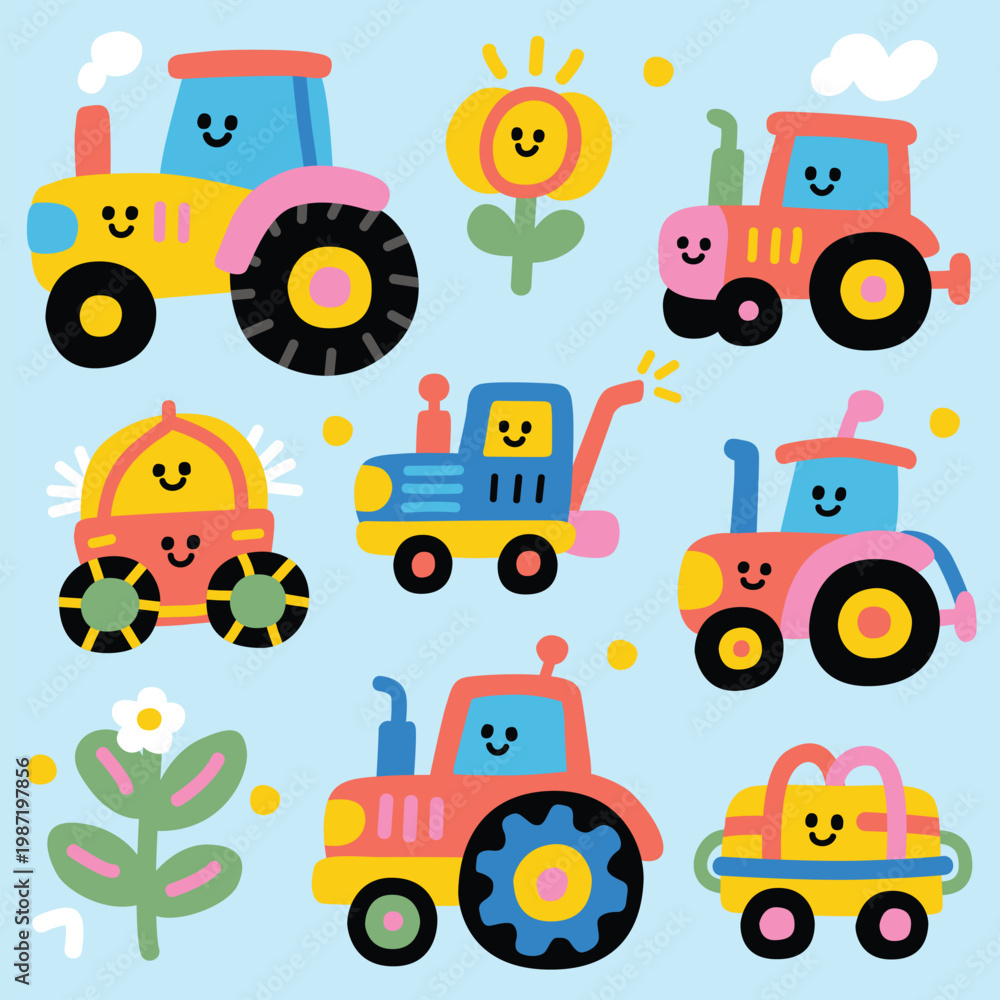 Naklejka premium Cute Cartoon Farm Truck Vector Illustration with Happy Rural Scene and Agricultural Elements