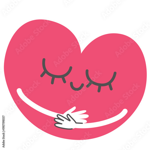 Vibrant fuchsia heart character embracing itself, representing self-care, self-esteem, mental health awareness and emotional wellbeing