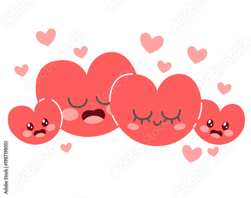 A group of heart mascot characters of different sizes representing a family unit, symbolizing love, unity, support and healthy family dynamics