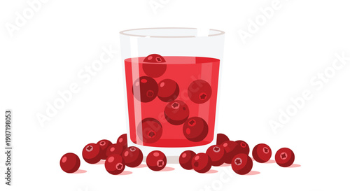 A clear glass filled with vibrant red cranberry juice contains several floating berries while resting on a white surface surrounded by fresh fruit under bright studio light.