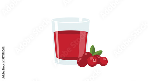 A refreshing glass of tart cranberry juice stands next to a small cluster of ripe red berries and green leaves against a pristine white background in soft natural light.