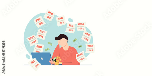 A man sitting at a laptop feeling stressed by many monthly bills and debt. Flat art depicting financial struggle, bankruptcy, and money management problems.