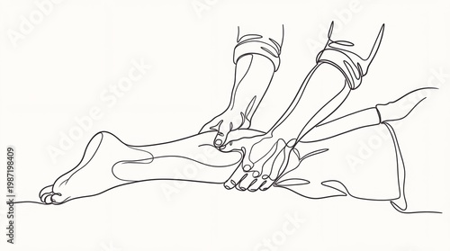 Masseur performing leg massage on woman. Therapist giving foot and calf treatment. Concept of wellness, health recovery and relaxation. Continuous line drawing style for spa therapy service.