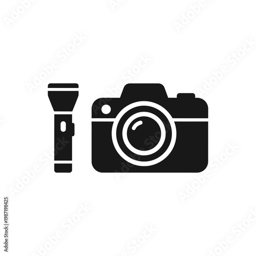 Black Camera and Flashlight Icon on White Background