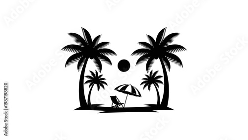 Tropical Beach Paradise Silhouette: Palm Trees, Beach Chair, Umbrella, Sun