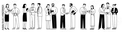 Doodle set of small, diverse groups of business people communicating with each other. Interaction, discussion, conversation. Vector linear business illustration.