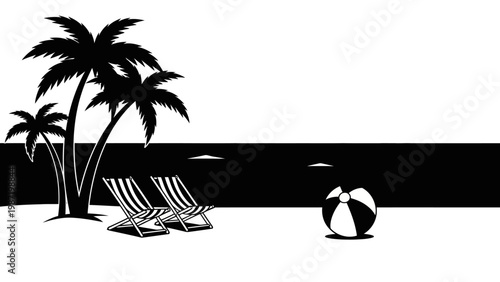 Black and White Beach Scene with Palm Trees, Chairs, and Beach Ball