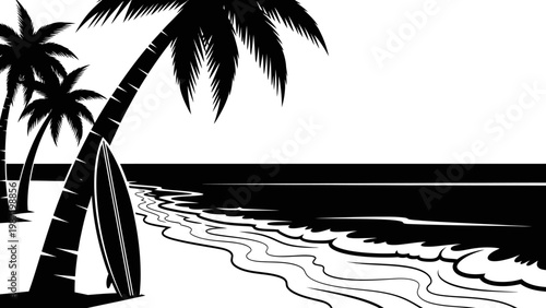 Tropical Beach Scene with Palm Trees and Surfboard, Black and White