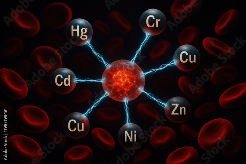 Dramatic biomedical concept of toxic heavy metal contamination in human blood. glowing molecule core links to dangerous chemical elements with connections