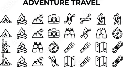Adventure travel icons demonstrate various wilderness exploration activities in a repeating pattern of black outlines.