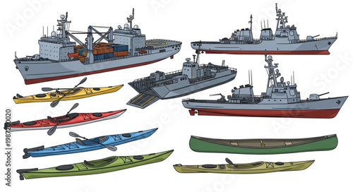 Collection of Military Ships and Canoes on White Background.