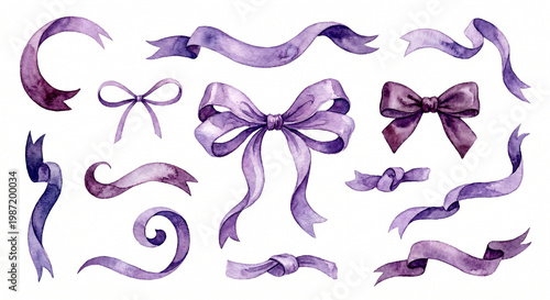 Purple ribbon bows and ribbons watercolor set
