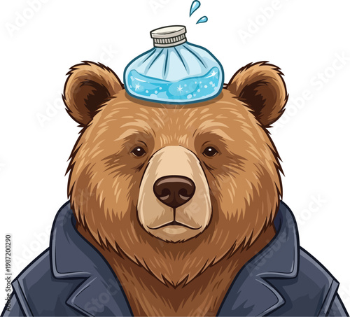 A cartoon bear wearing a blue jacket with an ice pack on its head