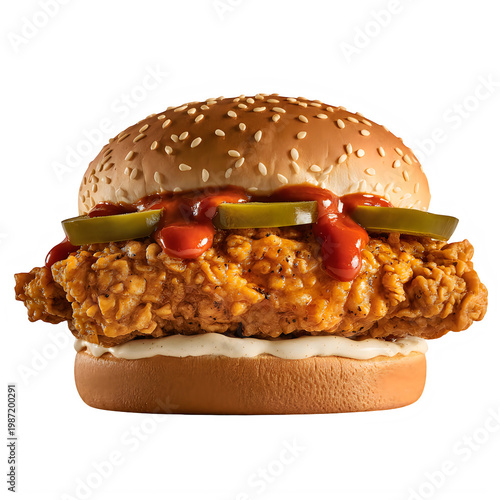 Chicken Burger with Crispy Chicken Patty isolated on transparent background