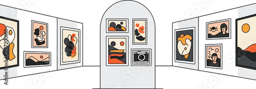 Modern Art Gallery Exhibition with Abstract Paintings and Vintage Camera Display