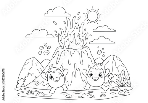 Cute cartoon characters playing in front of an erupting volcano, coloring page for kids, line art illustration of a volcanic landscape with happy creatures, mountains, clouds, and sun