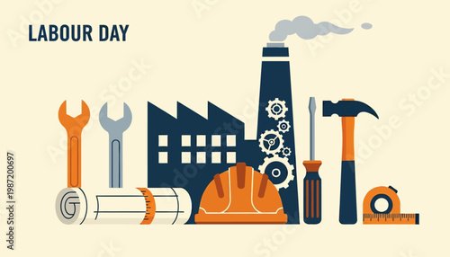 Flat industrial tools and factory illustration celebrates Labour Day with construction equipment and engineering elements in modern geometric style