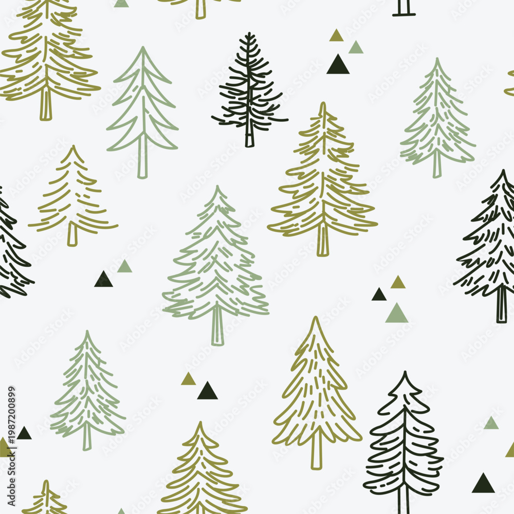 Obraz premium Hand Drawn Cute Pine Tree Seamless Pattern with Nature Background