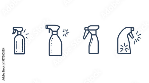 Four stylized icons of spray bottles, in outline form, depicting different shapes and spray effects