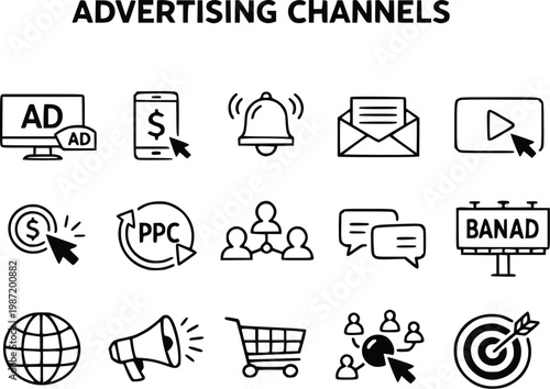 Advertising channels present a comprehensive collection of modern promotional methods for businesses to reach consumers through digital platforms and traditional media outlets.