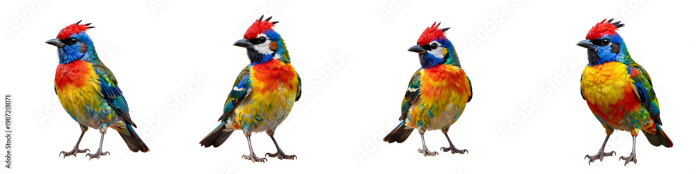 Obraz premium Colorful birds sit against a black background in a panoramic layout