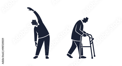 Elderly people exercising with mobility aid.