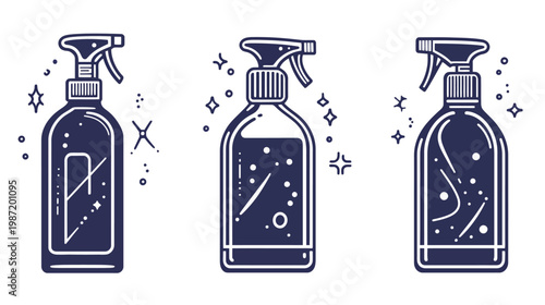 A vector illustration depicts three spray bottles with intricate details, outlined against a white background
