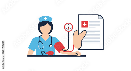 Nurse taking blood pressure reading.