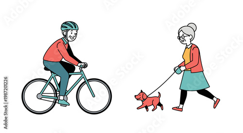Senior woman walking dog and cyclist.