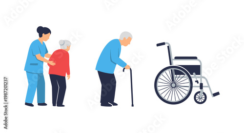 Nurse helping elderly people with wheelchair.