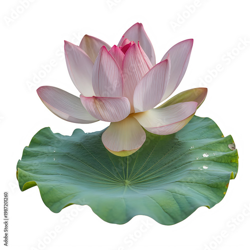Realistic Pink Lotus Flower with Green Leaf Isolated on Transparent Background