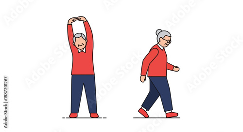 Senior woman stretching and walking outside.